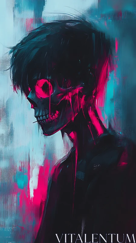 Neon-lit skull-faced figure in profile against blurred backdrop.