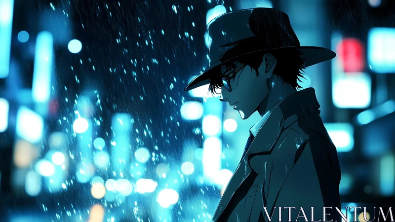 Profile view of trench‑coated figure in rainy neon cityscape.