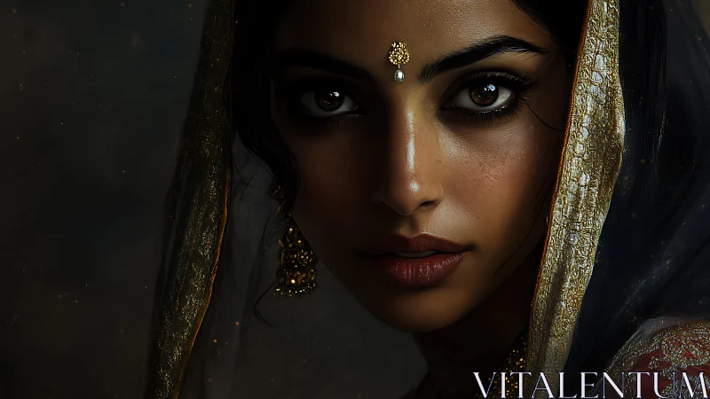 Regal close-up portrait with jeweled veil and dramatic light.