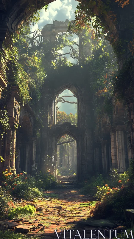 Sunlit ivy ruins where nature gently reclaims stone arches.