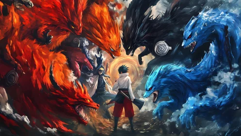 Elemental fox spirits encircle dueling warriors in dynamic vortex