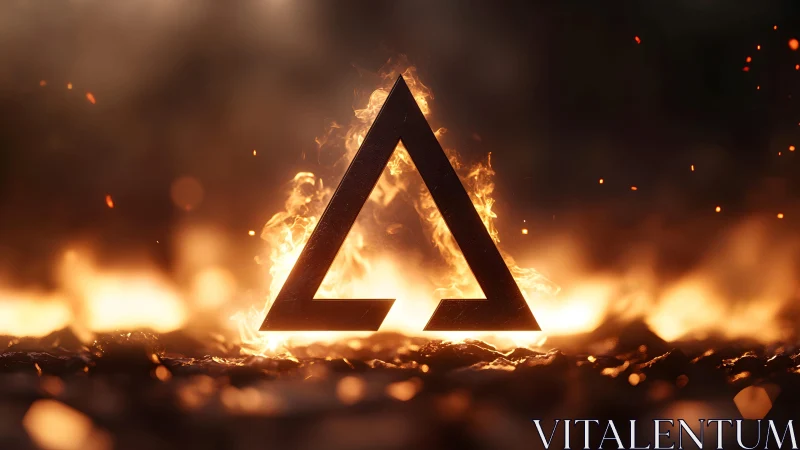 Bold geometric triangle symbol surrounded by fiery flames, digital art.