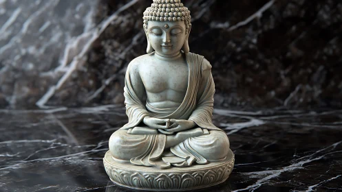 Stone Buddha statue sits on polished dark marble surface