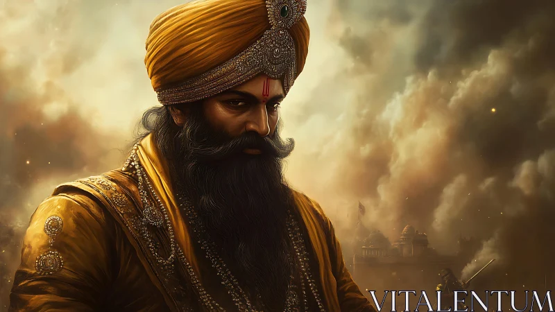 Golden-turbaned warrior broods as battle smoke crowns dusk
