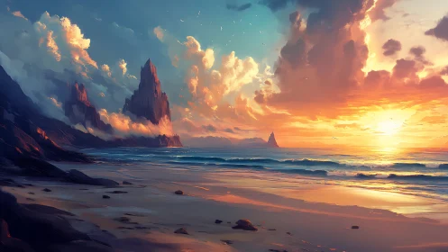 Sunlit coastal cliffs glow under expansive painted sky.