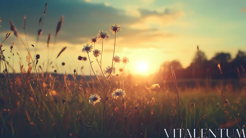 Wildflower meadow with low sun over distant tree line.