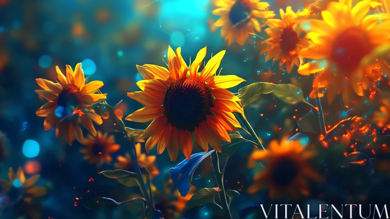 Sunflowers Dancing in Golden Light Amidst Turquoise Dreams.