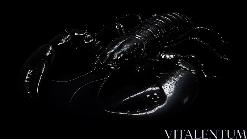 Glossy black lobster render set against deep black background
