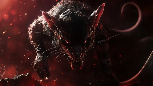 Demonic rat lunges through embers in fiery darkness.