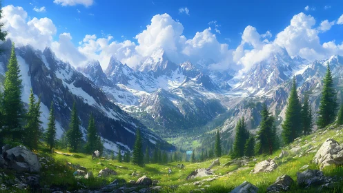 Snow-capped mountain valley unfolds under radiant blue skies.