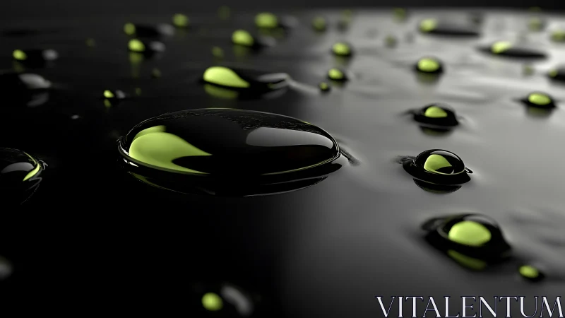 Glossy green droplets glowing softly on inky surface.