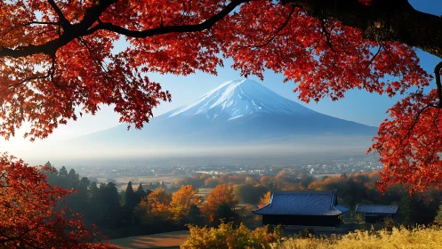Snow‑capped mountain overlooks valley framed by red foliage