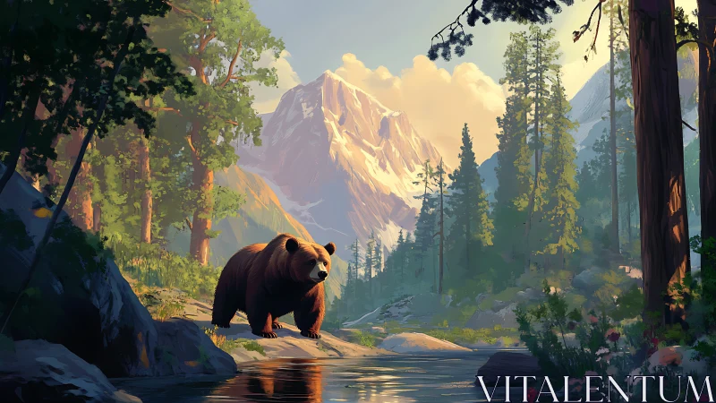 Gentle brown bear wandering through a sunlit mountain forest.