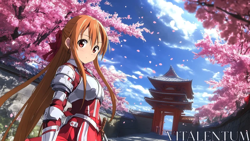 Cherry blossoms welcome a calm anime knight on temple path