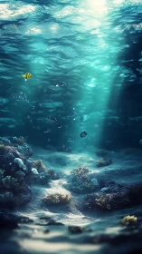 Photorealistic undersea corridor with refracted light shafts.