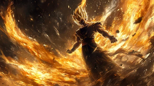 Superpowered warrior amid radial inferno with dynamic lighting