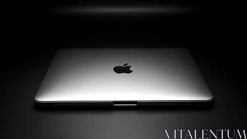 Closed silver laptop glows subtly against deep black background