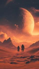 Twin wanderers cross a crimson desert beneath a rising world