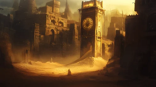 Sand-swallowed clocktower dreaming in a burnt-gold empire.
