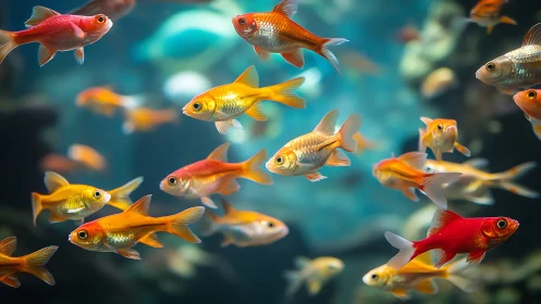 Goldfish school swims in clear aquarium with soft bokeh