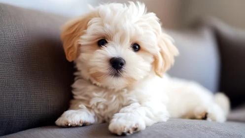 Cream-colored fluffy puppy on sofa with shallow depth of field