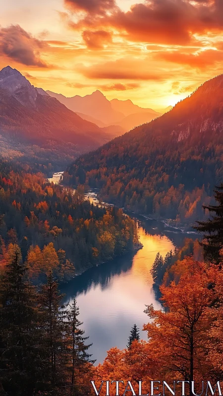 Autumn mountain valley river reflects incandescent sunset sky