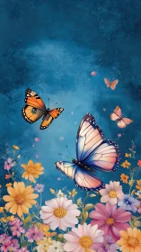 Butterflies drift above wildflower blooms in a dreamy blue sky
