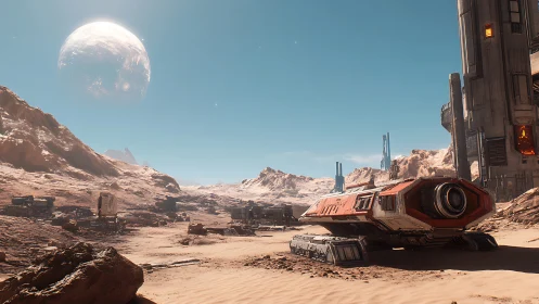 Rust-red lander napping on a sunburnt frontier moon.