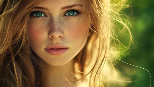 Freckled portrait under shallow depth, golden rim lighting.