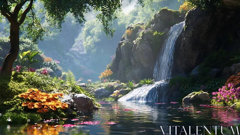 Physically based render depicts lush waterfall cove with volumetric light