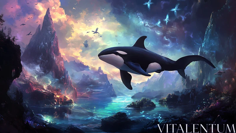 Levitating orca traverses iridescent fantasy fjord at dusk