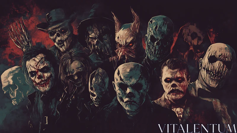 Group of masked horror figures stands in dense red shadows