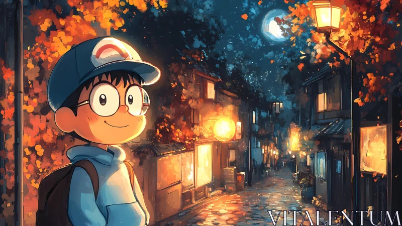 Moonlit alley hums while a curious boy collects warm lights