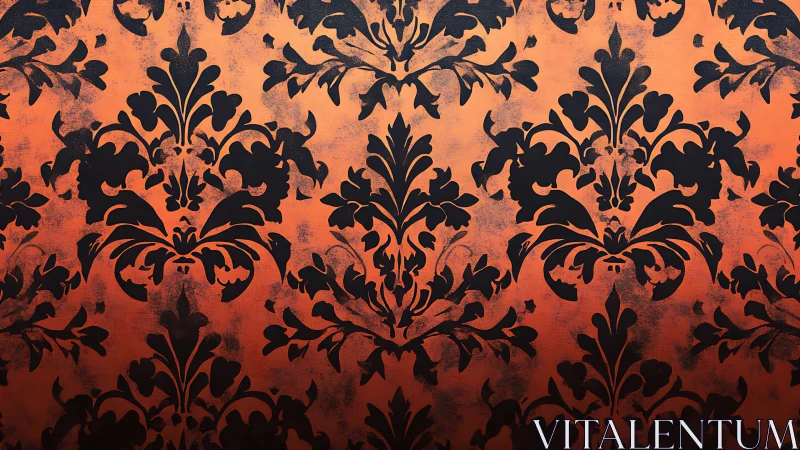 Ornate damask silhouettes on distressed orange ground.