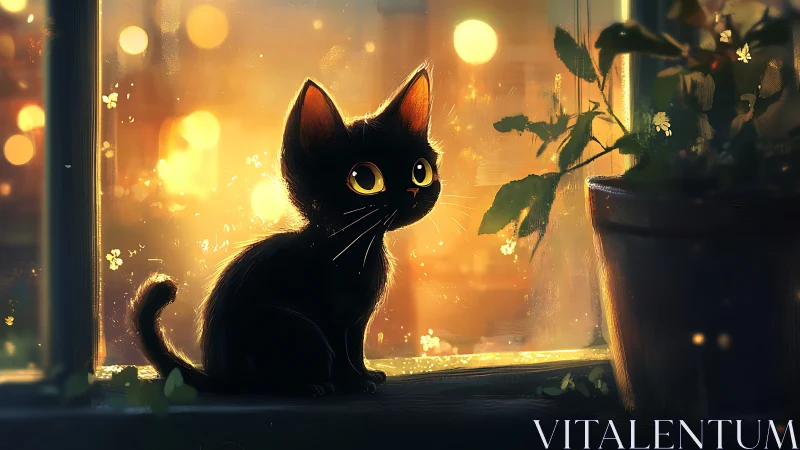 Black Cat Seated at Window During Evening Daylight