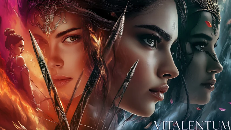 Warrior woman portraits divided by fire, shadow and ice