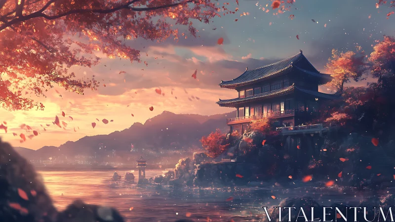 Lakeside pagoda glows under autumn sunset sky and leaves