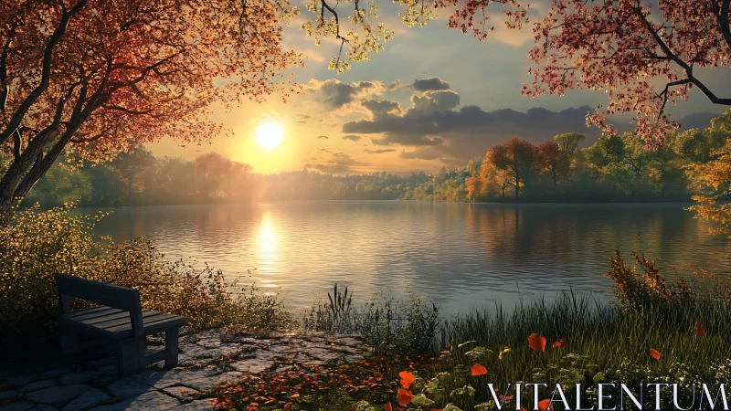 Sunset over calm forest lake with empty wooden bench.