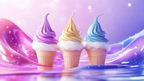 Pastel soft serve cones on glossy liquid background.