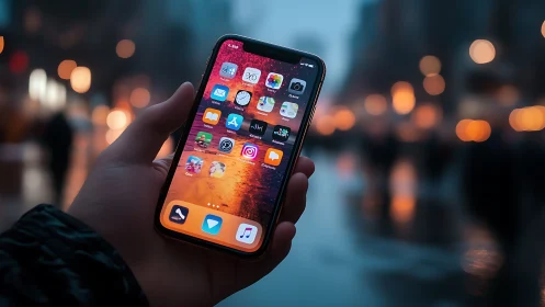 Hand-held smartphone displaying customized app interface against urban bokeh backdrop.