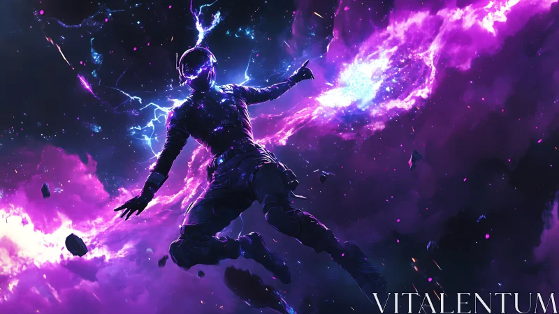 Starshocked voyager dives through neon-split cosmic storm