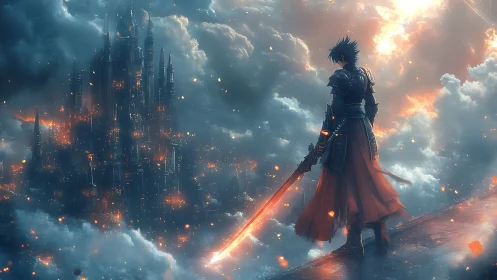 Armored warrior facing fiery sky castle in clouds.