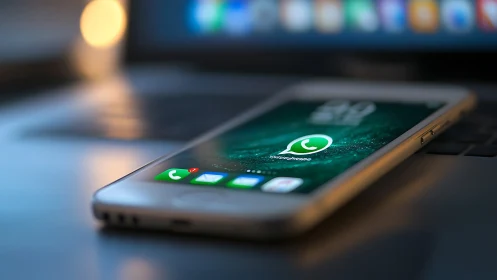 Smartphone displaying WhatsApp on laptop in soft focus.
