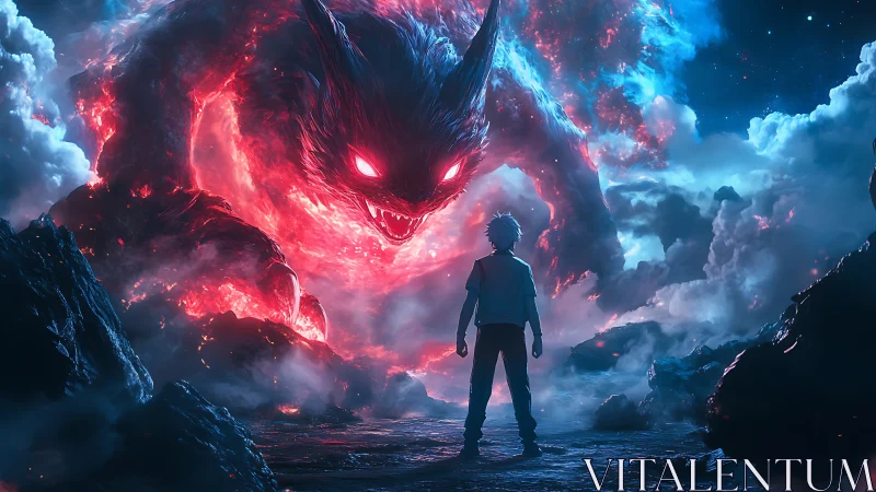 Boy confronts cosmic fire demon amid storm-lit void.