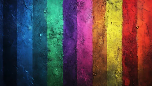 Textured rainbow wall with vertical rough color bands.