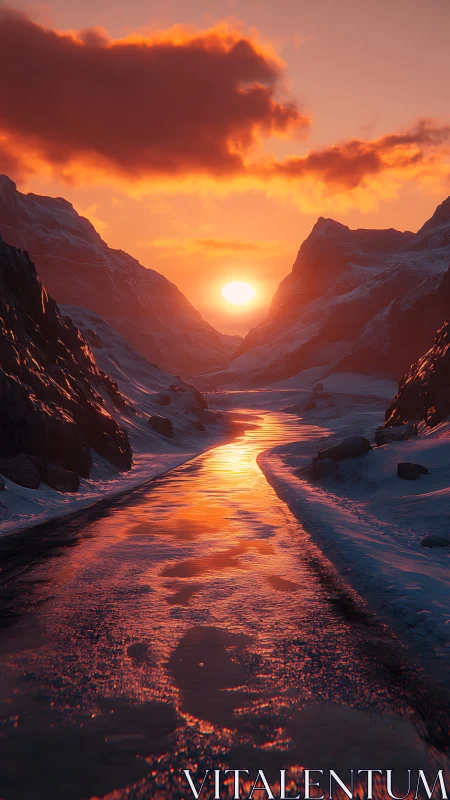 Sun reflects on icy mountain road at low winter sunset