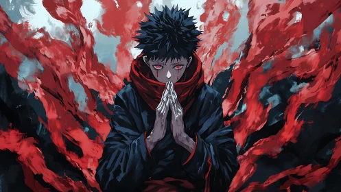 Calm yet powerful anime sorcerer wrapped in burning energy.