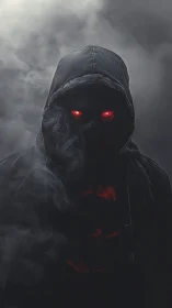 Hooded shadow figure with glowing red eyes in mist.