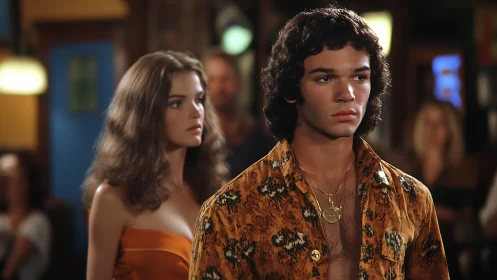 Retro bar interior frames pensive young couple in shallow focus