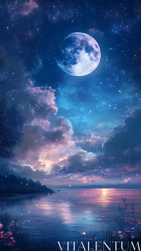Moonlit lake shimmers beneath a dreamy starlit sky.